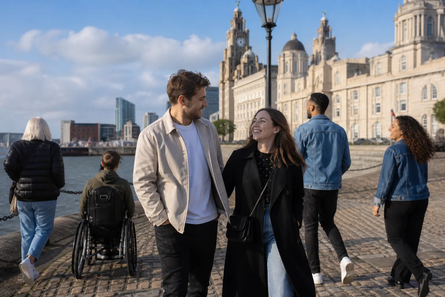 Two people talking beside the Royal Albert Dock in Liverpool
