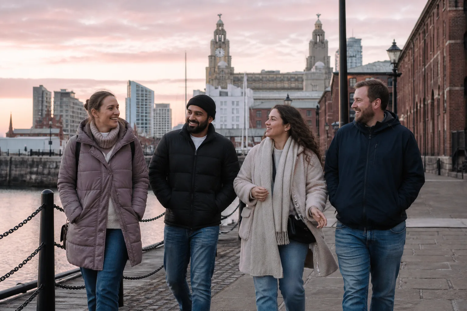 Two people talking over coffee beside Liverpool waterfront