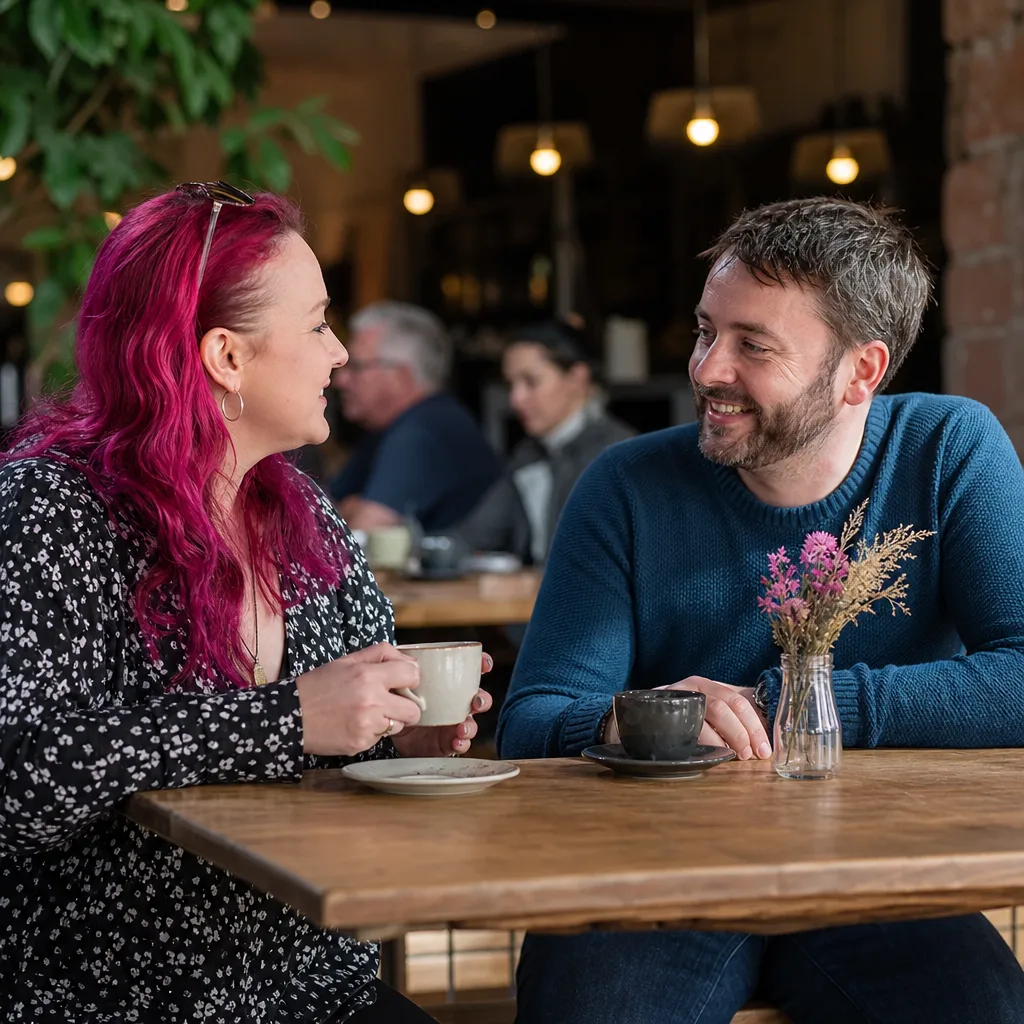 A couple chatting at a busy café near a Merseyside railway station