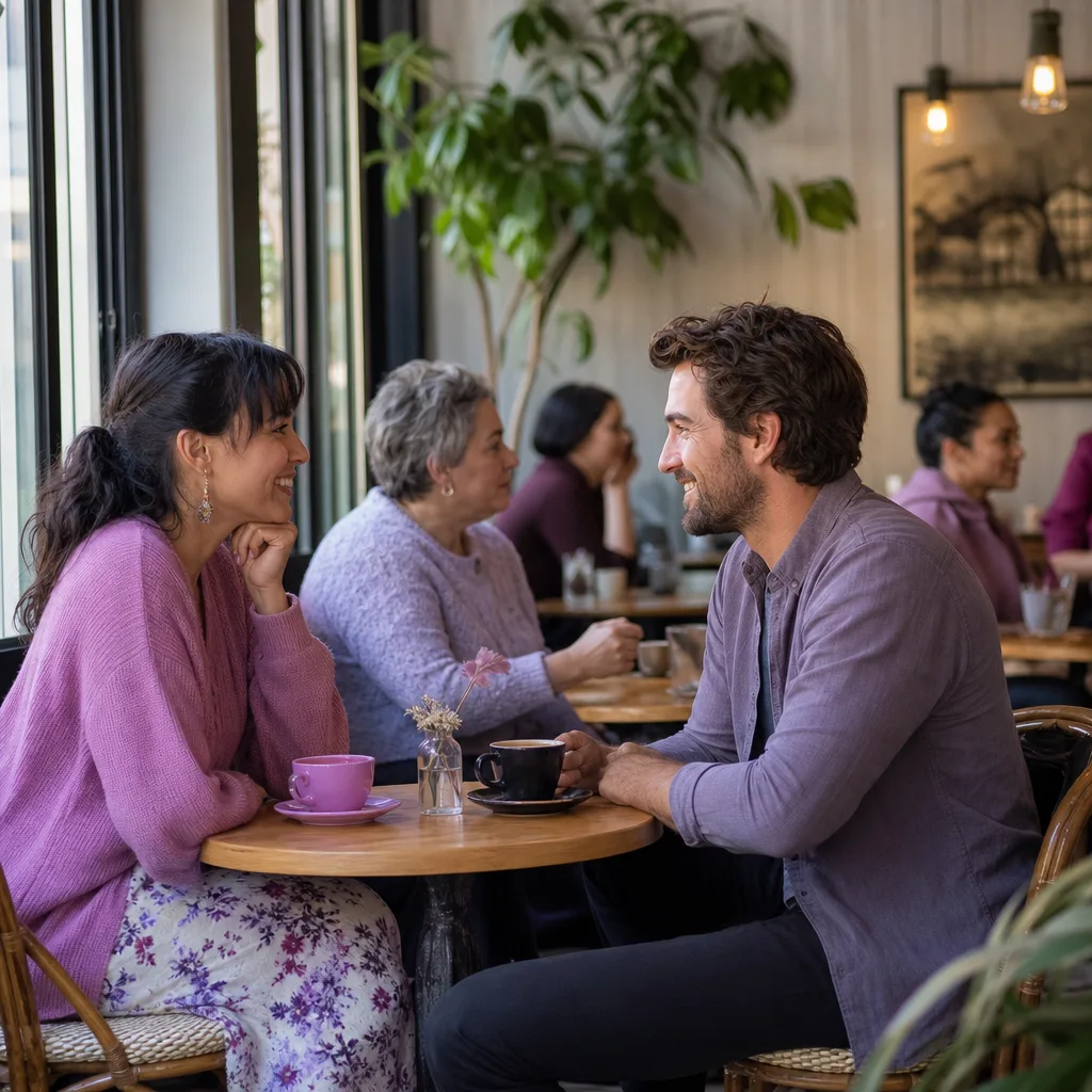 Two adults talking at a relaxed café table on the Wirral