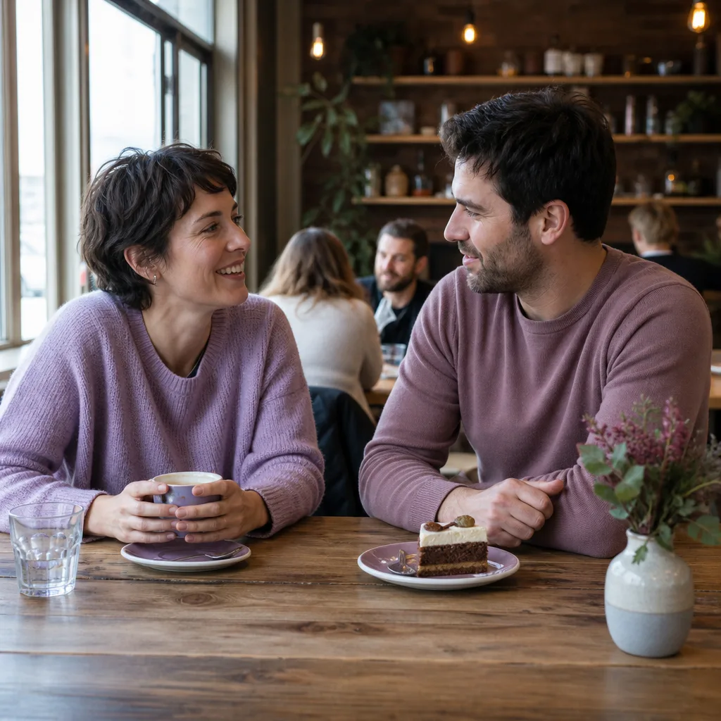 A couple meeting outside a café in St Helens during the daytime