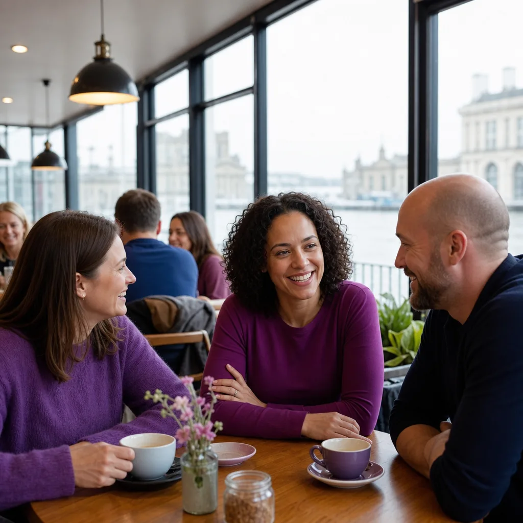 Two people having coffee at a busy table in Liverpool city centre