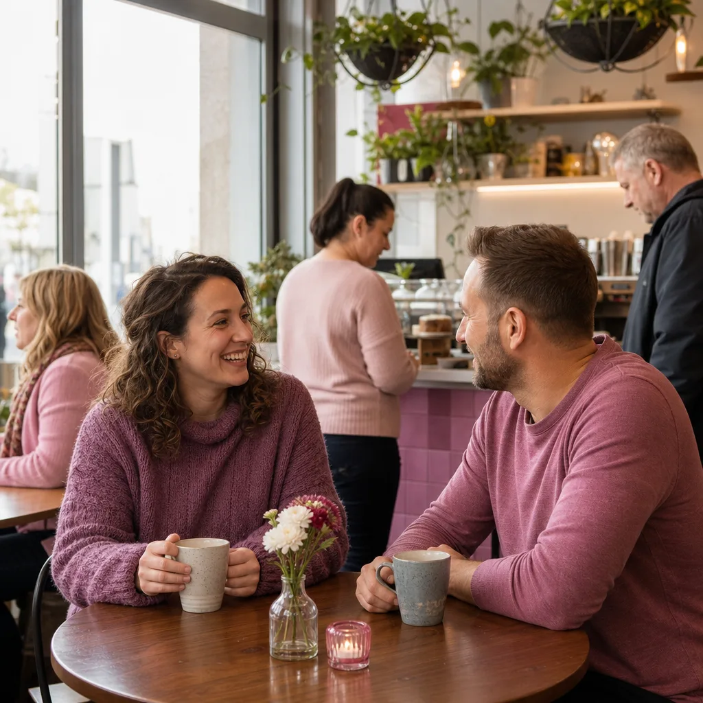 A couple having coffee at an independent cafe on the Wirral