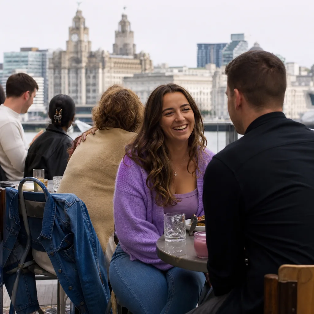 A person reviewing a local dating profile on a phone in a Liverpool café