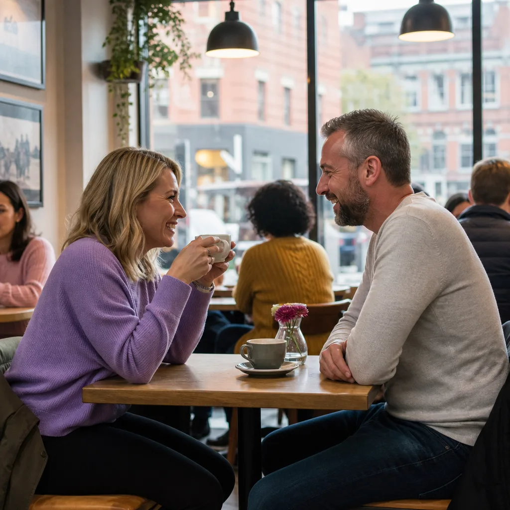 Two adults meeting in daylight at a lively public venue in Merseyside