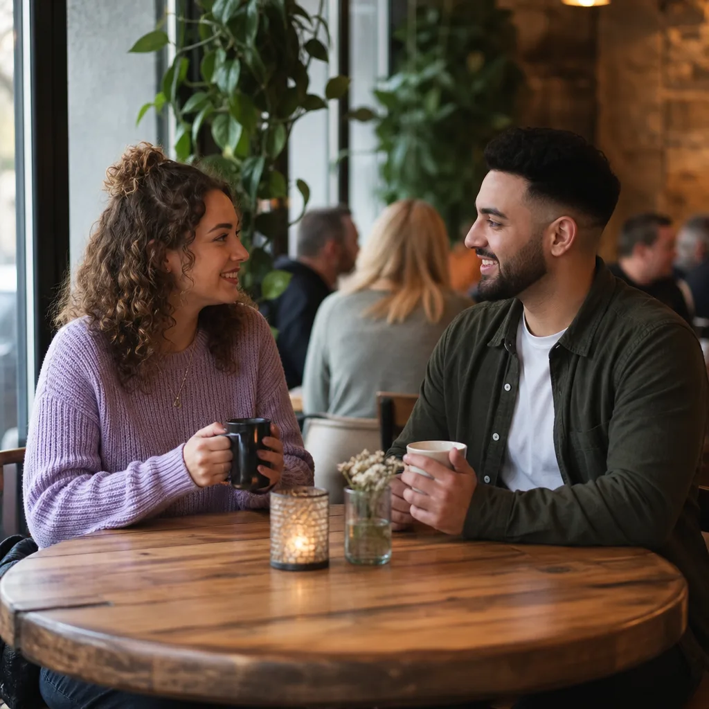 A couple talking over drinks at a relaxed Liverpool city-centre venue